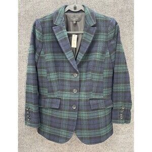 Talbots 6P Green Black Watch Tartan Plaid Long Wool Blend Blazer Jacket NEW